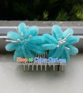 Traditional Chinese Qing Dynasty Blue Velvet Flowers Hair Comb Hairpins Handmade Ancient Palace Hair Accessories for Women