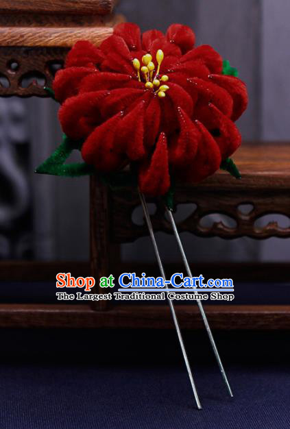 Traditional Chinese Handmade Qing Dynasty Red Velvet Chrysanthemum Hairpins Ancient Imperial Consort Hair Accessories for Women