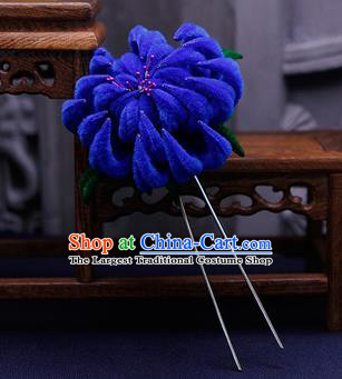 Traditional Chinese Handmade Qing Dynasty Royalblue Velvet Chrysanthemum Hairpins Ancient Imperial Consort Hair Accessories for Women