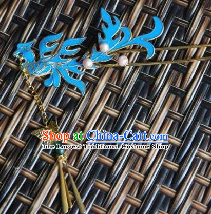 Handmade Chinese Ancient Princess Tassel Hairpins Blue Phoenix Hair Clip Headwear Hair Accessories for Women