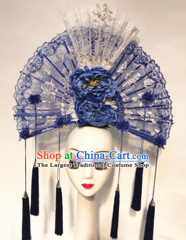 Handmade Chinese Stage Show Blue Peony Lace Hair Clasp Hair Accessories Brazilian Carnival Catwalks Headdress for Women