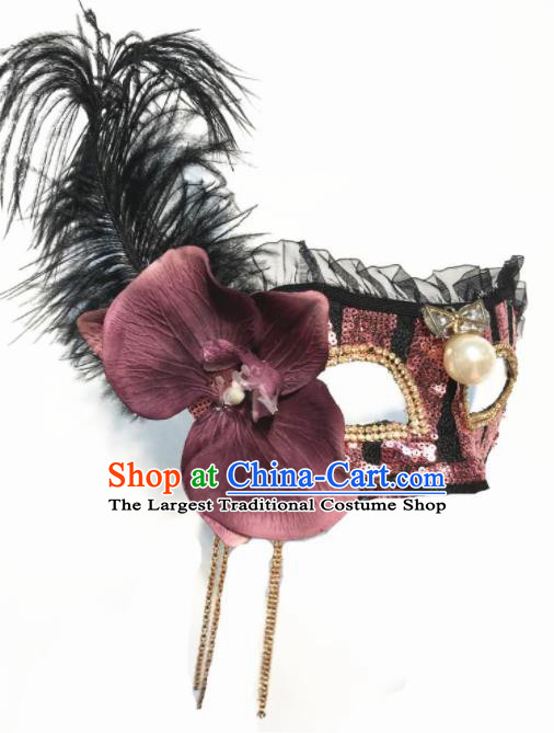 Top Halloween Stage Show Accessories Brazilian Carnival Catwalks Rosy Flower Feather Face Mask for Women