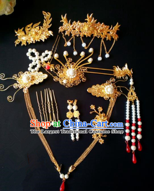 Chinese Handmade Hanfu Palace Golden Hair Comb Tassel Hairpins Traditional Ancient Princess Hair Accessories for Women