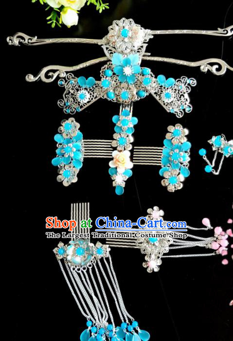 Chinese Handmade Hanfu Palace Hairpins Blue Flowers Phoenix Coronet Traditional Ancient Princess Hair Accessories for Women