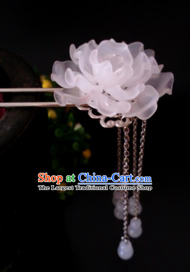 Chinese Handmade Hanfu Palace Hairpins White Peony Tassel Hair Clip Traditional Ancient Princess Hair Accessories for Women