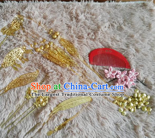 Handmade Chinese Palace Princess Golden Hairpins Hair Combs Ancient Traditional Hanfu Hair Accessories for Women