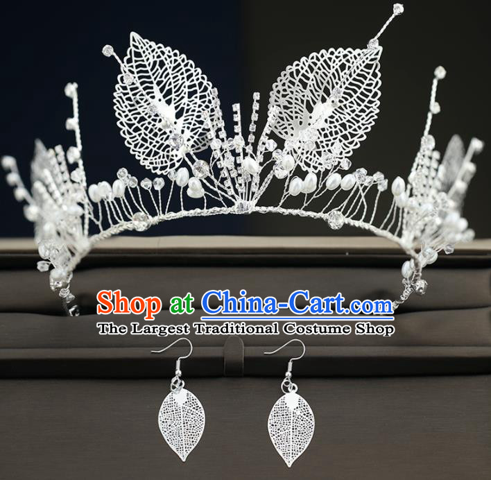 Top Grade Handmade Baroque Princess Pearls Leaf Royal Crown Wedding Bride Hair Accessories for Women