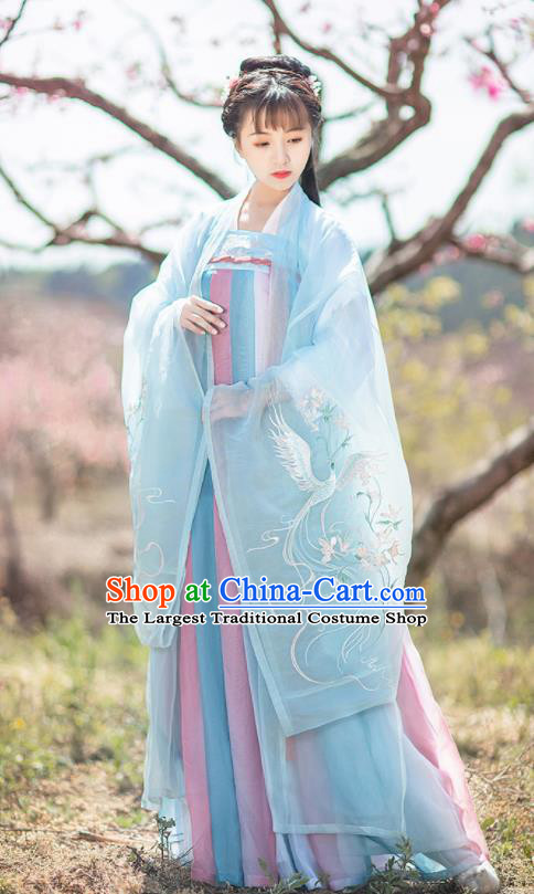 Chinese Tang Dynasty Nobility Lady Embroidered Blue Hanfu Dress Traditional Ancient Court Princess Historical Costume for Women