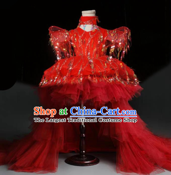 Top Grade Stage Show Costume Catwalks Princess Red Veil Trailing Full Dress for Kids