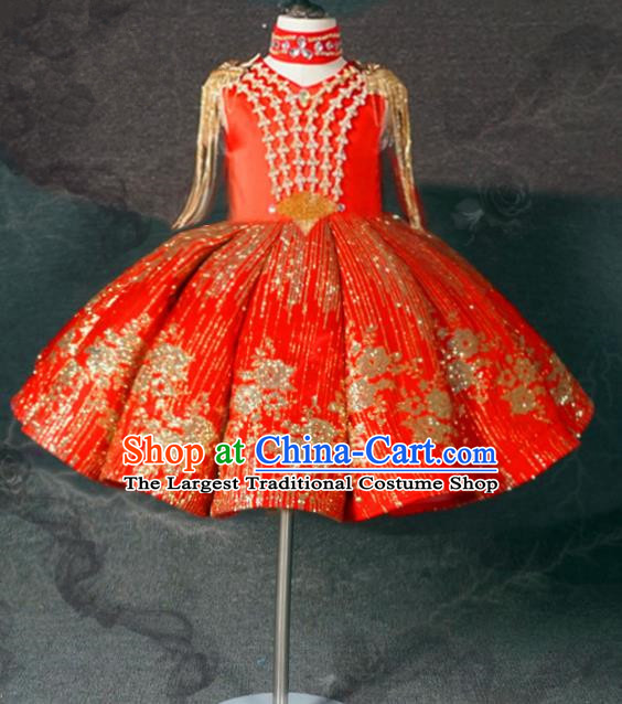 Top Grade Chinese Stage Performance Costume Catwalks Dance Embroidered Red Short Full Dress for Kids