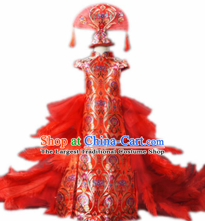 Chinese Stage Performance Red Feather Trailing Qipao Full Dress Catwalks Modern Fancywork Dance Costume for Kids