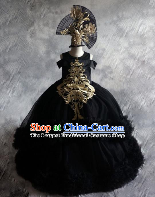 Top Grade Catwalks Stage Show Black Veil Dress Modern Fancywork Compere Court Princess Dance Costume for Kids