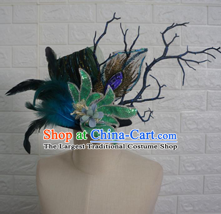Top Grade Handmade Stage Show Hair Accessories Halloween Cosplay Green Flower Feather Top Hat Headwear for Kids