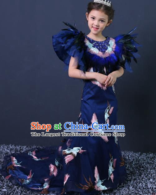 Chinese Stage Performance Embroidered Cranes Blue Full Dress Catwalks Modern Fancywork Dance Costume for Kids