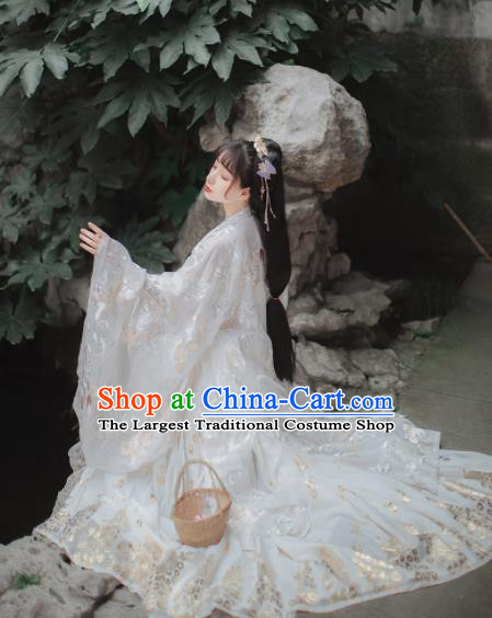 Chinese Tang Dynasty Court Princess Historical Costume Traditional Ancient Peri Goddess White Hanfu Dress for Women