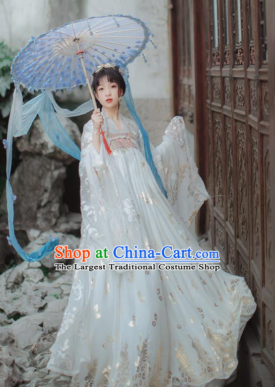Chinese Tang Dynasty Court Princess Historical Costume Traditional Ancient Peri Goddess White Hanfu Dress for Women