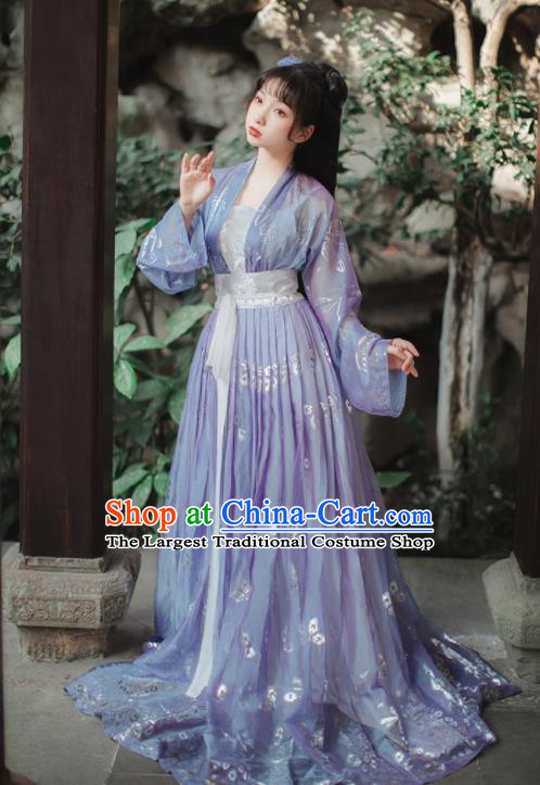 Traditional Chinese Tang Dynasty Palace Princess Historical Costume Traditional Ancient Peri Goddess Blue Hanfu Dress for Women