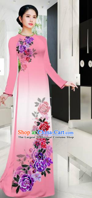 Asian Printing Roses Pink Aodai Cheongsam Vietnam Traditional Costume Vietnamese Bride Classical Qipao Dress for Women