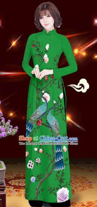 Asian Vietnam Printing Peacock Rose Green Aodai Cheongsam Traditional Costume Vietnamese Bride Classical Qipao Dress for Women