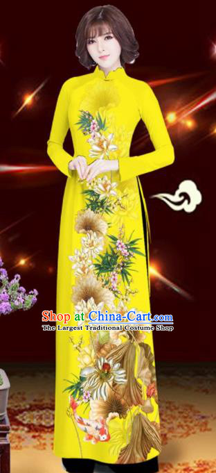 Asian Vietnam Printing Lotus Yellow Aodai Cheongsam Traditional Costume Vietnamese Bride Classical Qipao Dress for Women