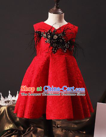 Professional Girls Catwalks Waltz Dance Red Short Dress Modern Fancywork Compere Stage Show Costume for Kids