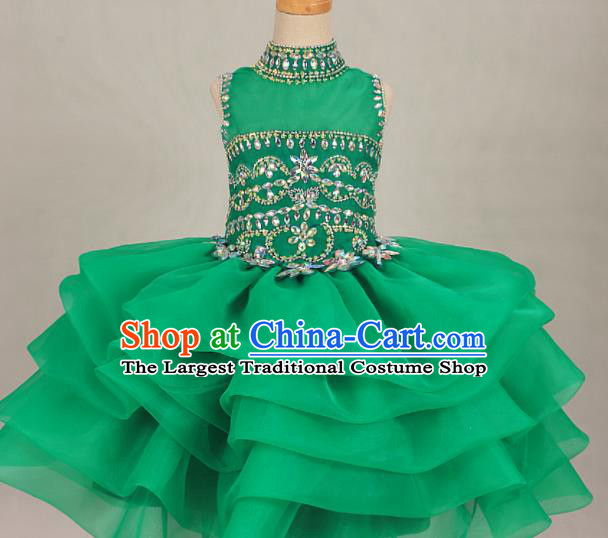 Professional Girls Catwalks Green Veil Bubble Dress Modern Fancywork Compere Stage Show Costume for Kids