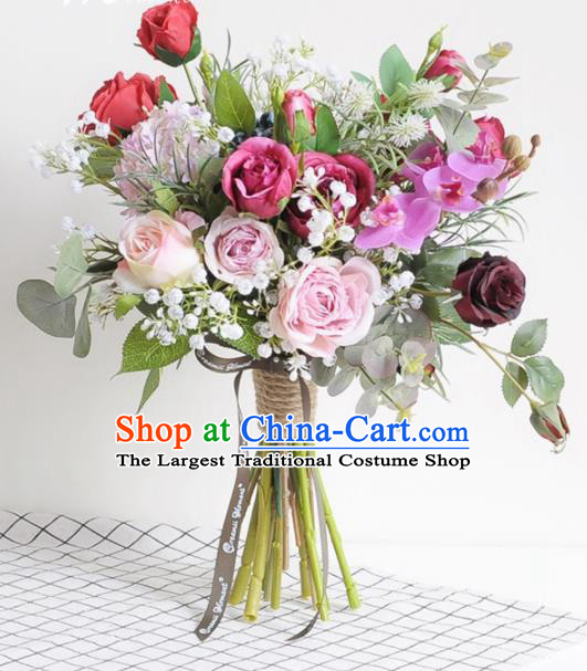 Handmade Classical Wedding Bride Holding Emulational Flowers Rose Flowers Ball Hand Tied Bouquet Flowers for Women