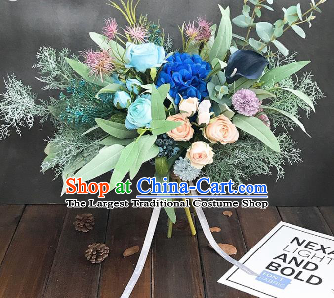 Handmade Classical Wedding Bride Holding Emulational Flowers Ball Blue Rose Hand Tied Bouquet Flowers for Women