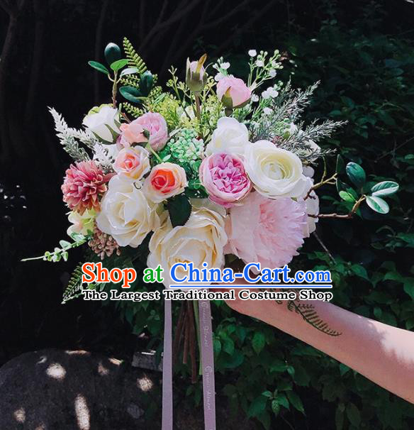 Handmade Classical Wedding Bride Holding Emulational Rose Flowers Ball Hand Tied Bouquet Flowers for Women