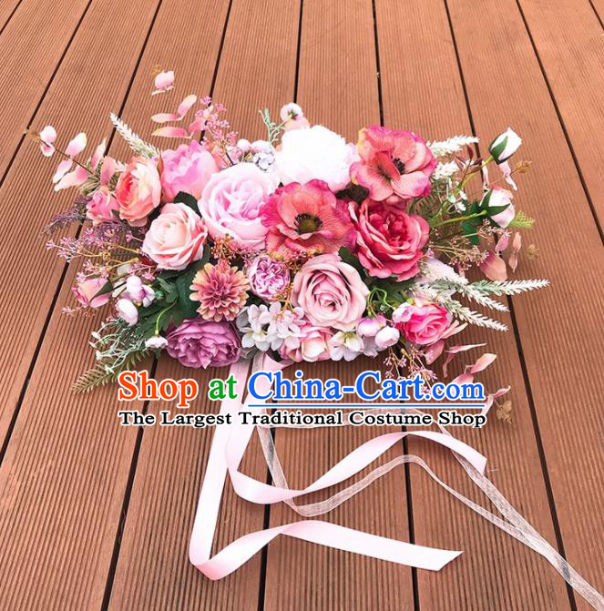Handmade Classical Wedding Bride Holding Emulational Pink Rose Flowers Ball Hand Tied Bouquet Flowers for Women