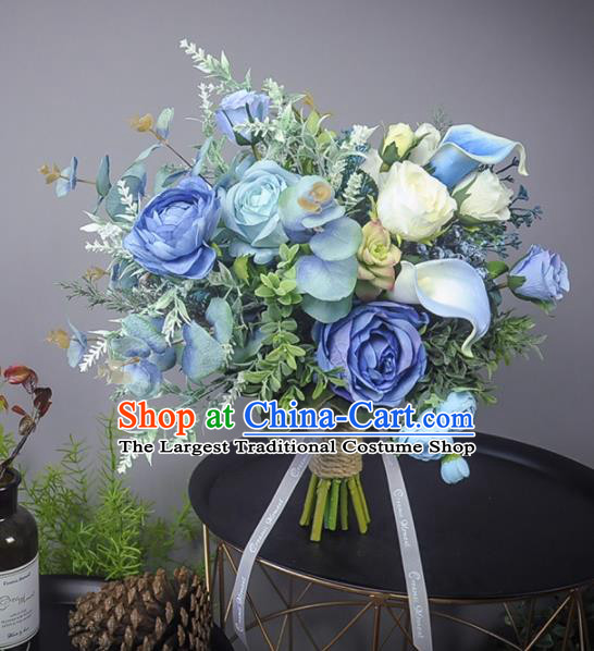Handmade Wedding Bride Holding Emulational Classical Blue Rose Flowers Ball Hand Tied Bouquet Flowers for Women