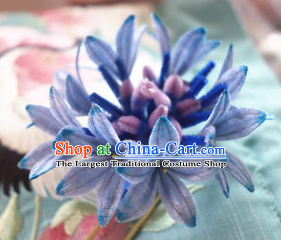 Chinese Handmade Blue Velvet Cornflower Hairpins Ancient Palace Headwear for Women