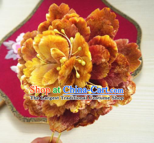 Chinese Handmade Golden Velvet Peony Hairpins Ancient Palace Queen Hair Accessories Headwear for Women