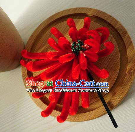 Chinese Handmade Palace Red Velvet Chrysanthemum Hairpins Ancient Queen Hair Accessories Headwear for Women