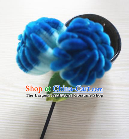 Chinese Handmade Palace Deep Blue Velvet Chrysanthemum Hairpins Ancient Queen Hair Accessories Headwear for Women