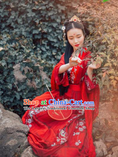 Chinese Traditional Tang Dynasty Wedding Historical Costume Ancient Princess Peri Red Hanfu Dress for Women