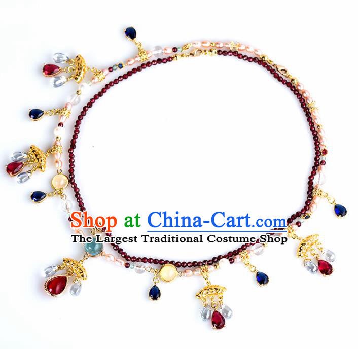 Handmade Chinese Classical Red Crystal Necklace Ancient Palace Hanfu Necklet Accessories for Women