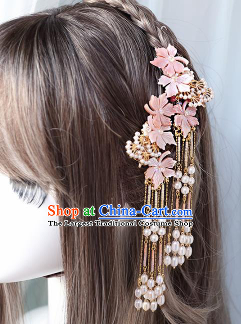 Chinese Handmade Hanfu Pink Shell Flowers Tassel Hairpins Ancient Princess Hair Accessories Headwear for Women