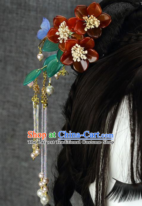 Chinese Handmade Hanfu Red Plum Blossom Tassel Hairpins Ancient Princess Hair Accessories Headwear for Women