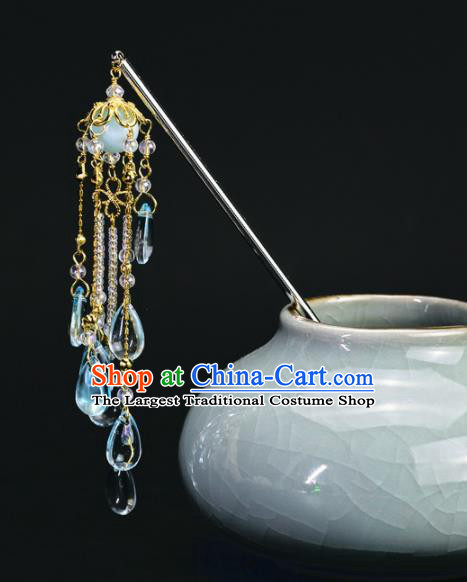 Chinese Handmade Hanfu Hairpins Blue Beads Tassel Step Shake Ancient Palace Princess Hair Accessories Headwear for Women
