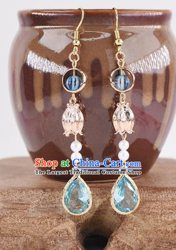 Handmade Chinese Classical Blue Crystal Tassel Earrings Ancient Palace Hanfu Ear Accessories for Women