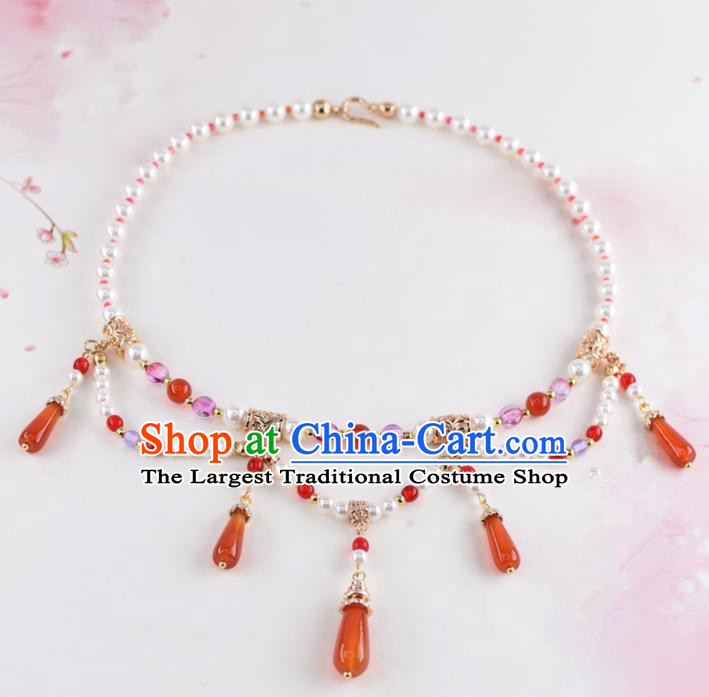 Handmade Chinese Classical Red Agate Necklace Ancient Palace Hanfu Necklet Accessories for Women