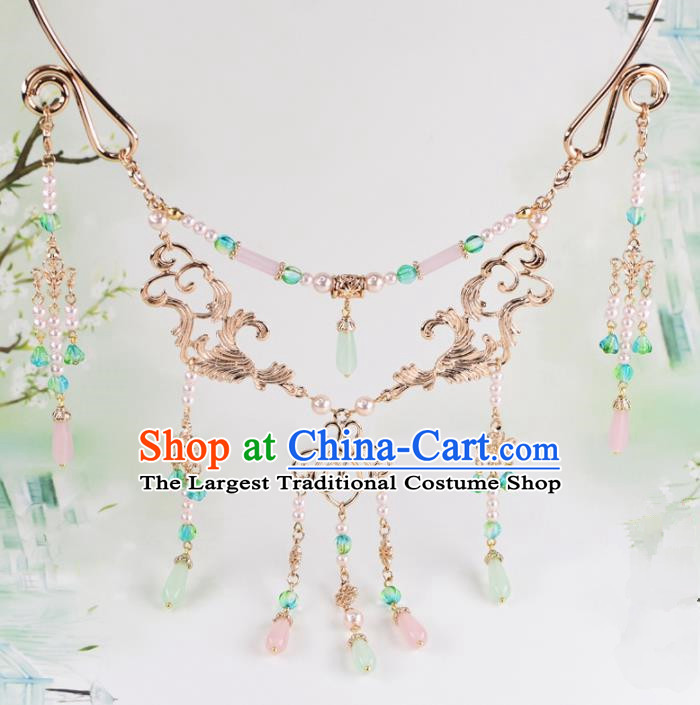 Handmade Chinese Classical Rose Chalcedony Tassel Necklace Ancient Palace Hanfu Necklet Accessories for Women