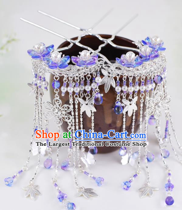 Chinese Handmade Palace Purple Flowers Tassel Hairpins Ancient Princess Hanfu Hair Accessories Headwear for Women