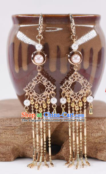 Handmade Chinese Classical Golden Tassel Earrings Ancient Palace Hanfu Ear Accessories for Women