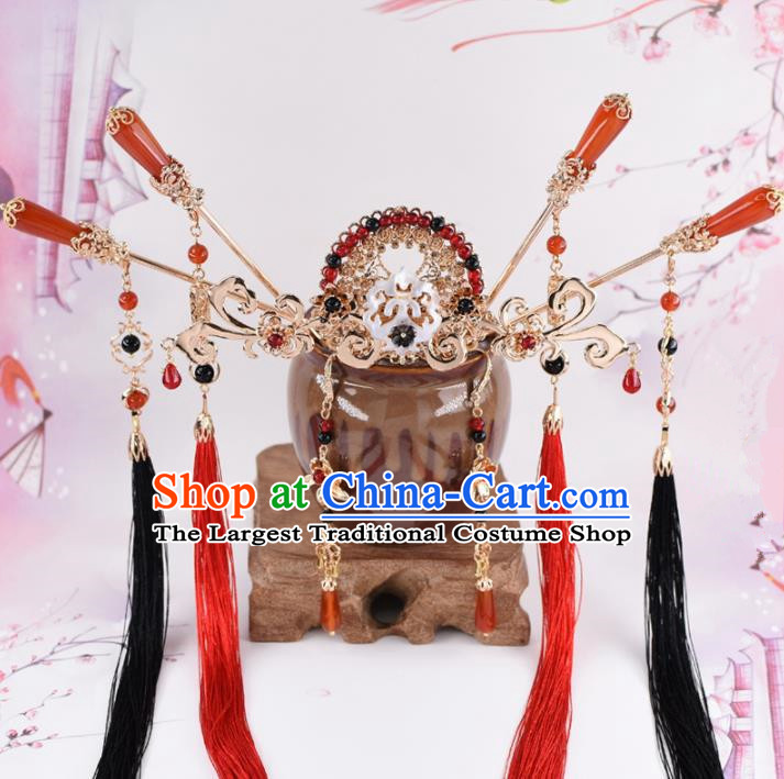 Chinese Handmade Palace Hair Crown Red Agate Hairpins Ancient Princess Hanfu Hair Accessories Headwear for Women