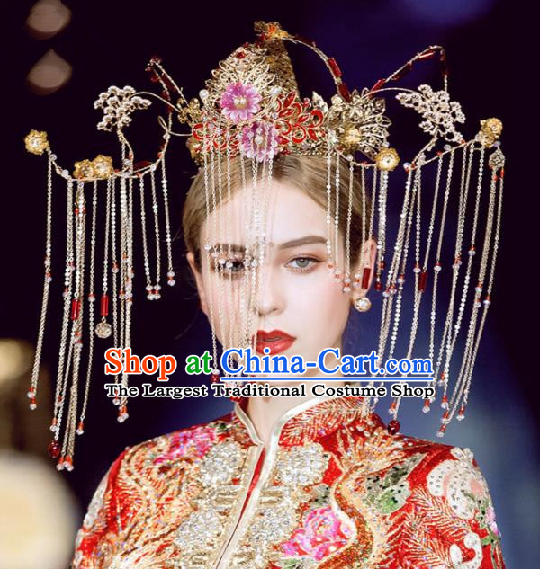 Chinese Handmade Palace Red Cloisonne Phoenix Coronet Hairpins Ancient Princess Hanfu Hair Accessories Headwear for Women