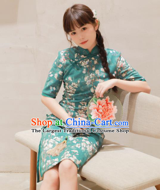 Traditional Chinese National Printing Green Cheongsam Classical Tang Suit Qipao Dress for Women