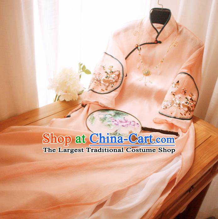 Traditional Chinese National Embroidered Flowers Pink Cheongsam Classical Tang Suit Qipao Dress for Women