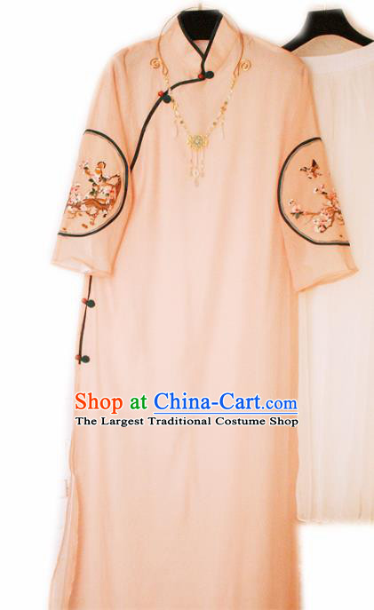 Traditional Chinese National Embroidered Flowers Pink Cheongsam Classical Tang Suit Qipao Dress for Women